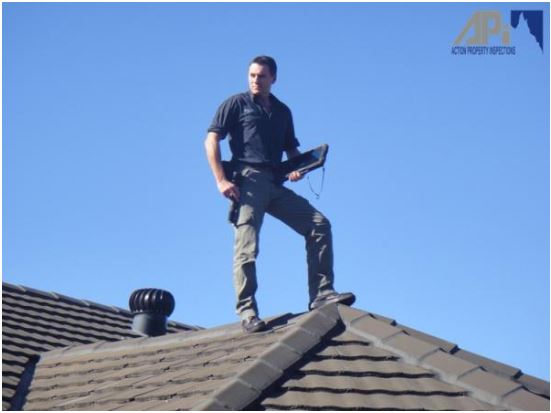 Andrew Mackintosh conducting exterior roof inspection as part of pre-purchase building inspection 