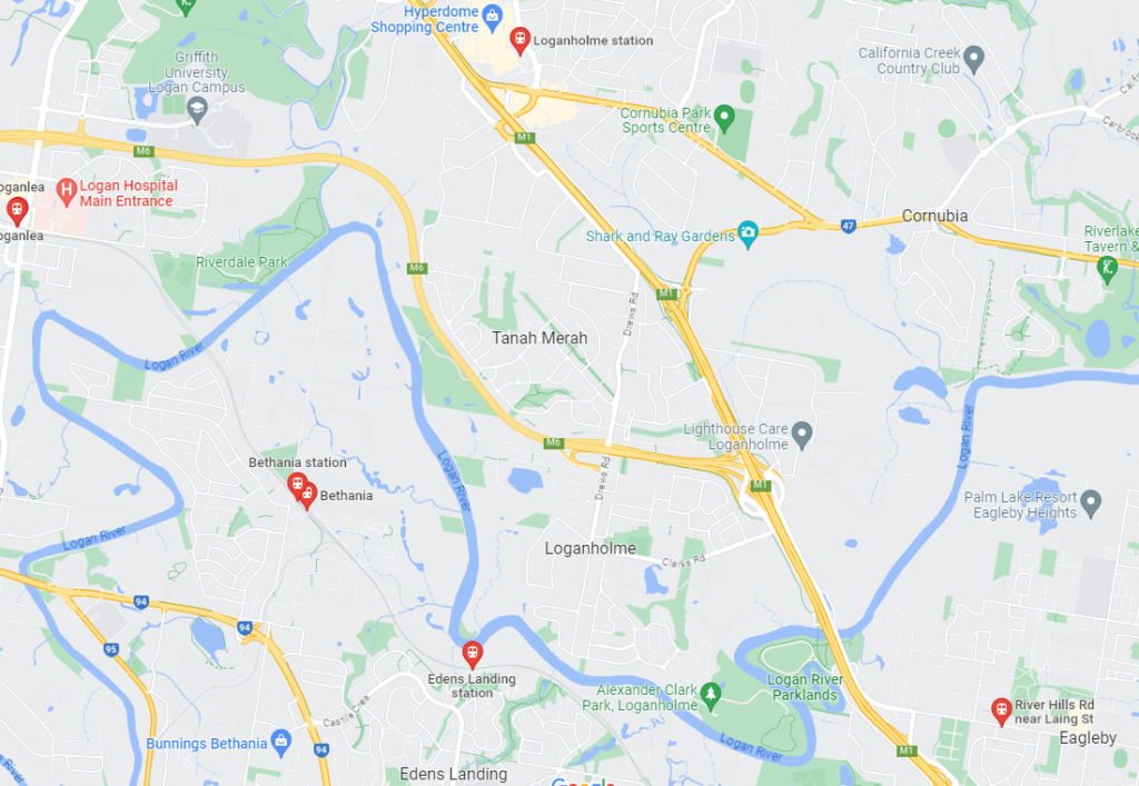 Map of Loganholme and proximity to Hyperdome, hospital, public transport and Logan River